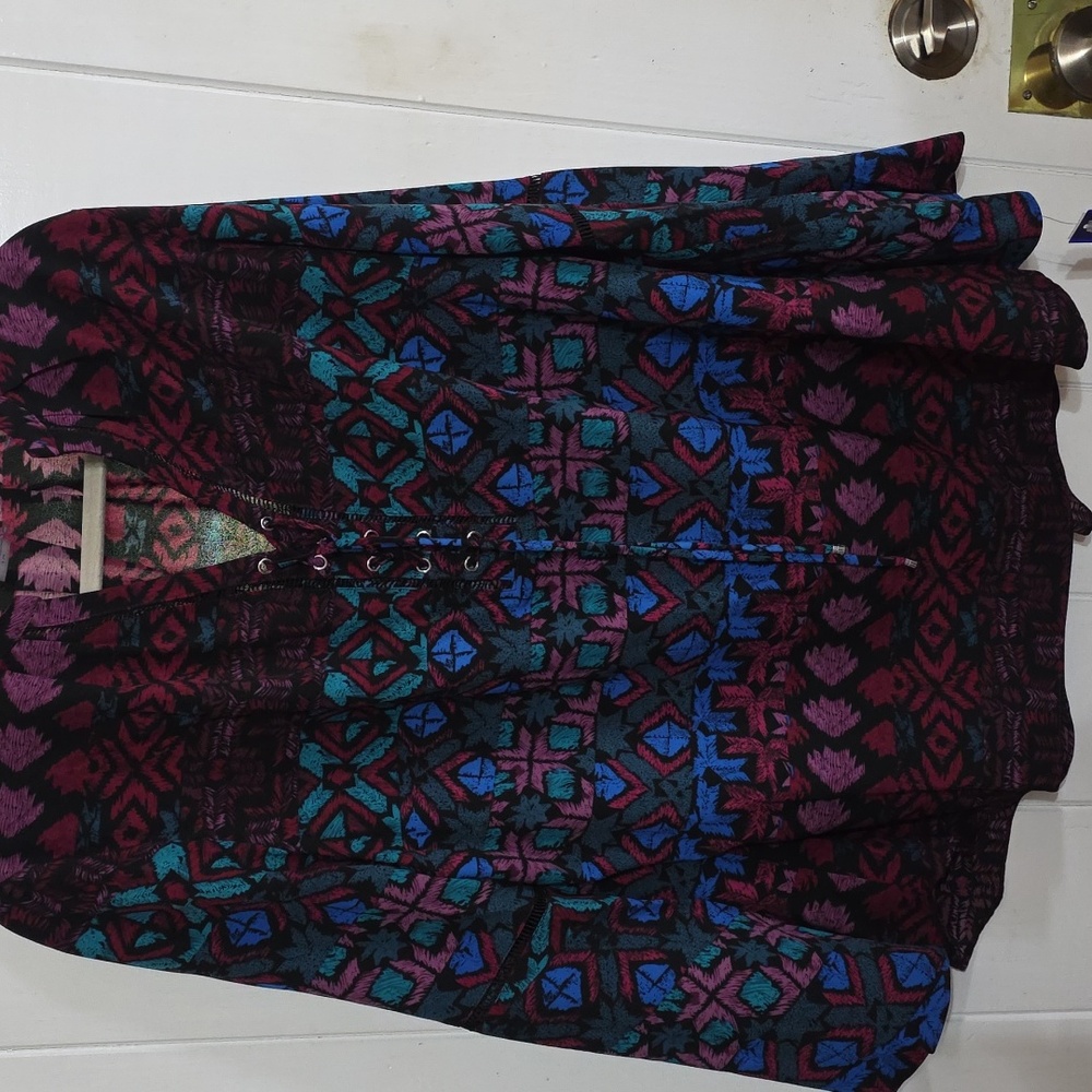 NWT Nygard Women's Blouse‎ Colorful Wine Tribal Bell Sleeves Lace-Up Sz 1X/16-18